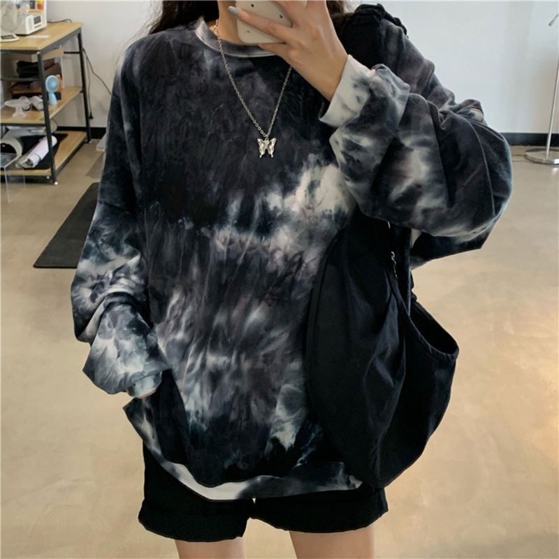 Áo Thun Nữ Tay Dài Cổ Tròn In Họa Tiết Màu Gradient Phong Cách Hip Hop