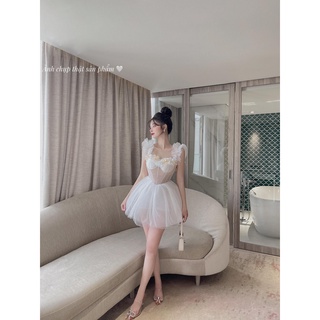 Váy thiết kế, đầm thiết kế trễ vai babydoll xòe bồng bềnh chất vải lưới cao cấp