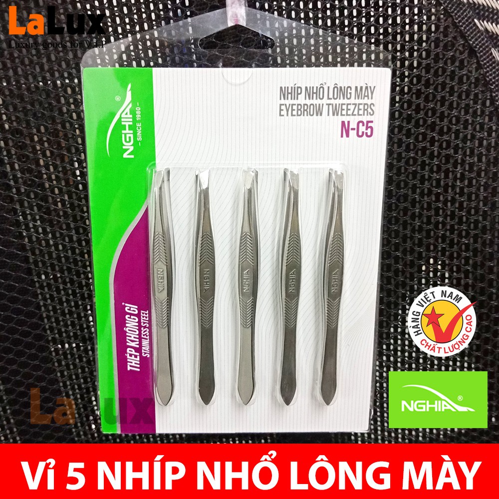 Bộ Vỉ 5 Nhíp Nhổ Lông Mày Chính Hiệu Kềm Nghĩa - Chất Liệu Thép Không Rỉ N-C5 -Nhổ Lông Nách, Nhổ Râu Lalux