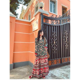 Đầm xoè maxi lụa cổ V tay dài