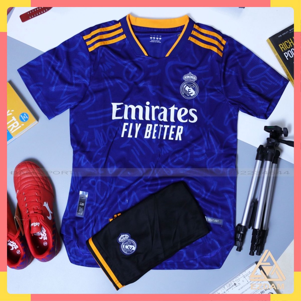 ❧☄■Bộ Áo Bóng Đá Real Màu Xanh Mới Nhất Cao Cấp 2021-2022, banh Sân Khách poliste thấm hút mồ hôi