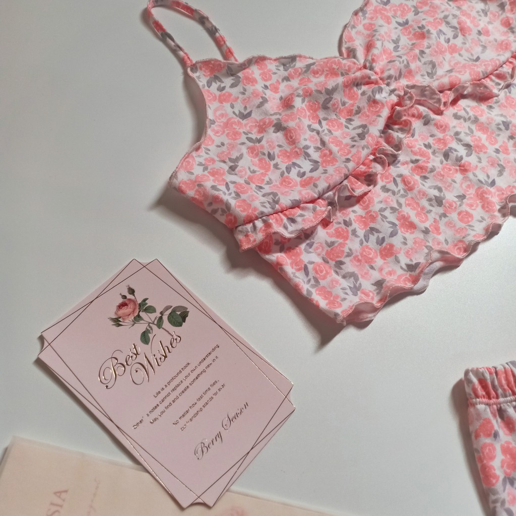 Ariel set - Đồ mặc nhà nữ, hai dây hoa thun cotton 2 chiều RCB01