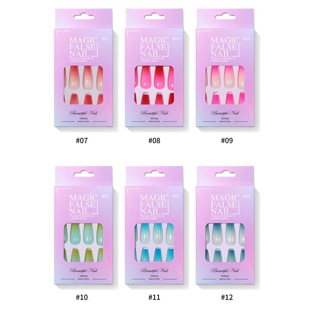❈BEAUTY❈ 24pcs/Set Detachable Fake Nails Acrylic Full Cover False Nail Tips Long Coffin DIY Manicure Ballerina Beauty Tools Gradient Colorful