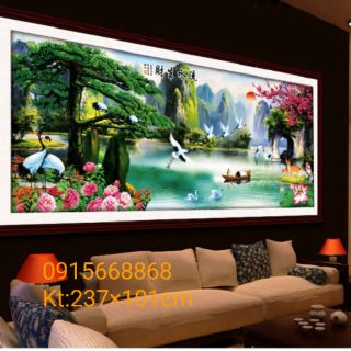 Tranh thêu chữ thập phong cảnh sơn thủy hữu tình tuyệt đẹp kt 237×101cm