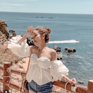 Áo croptop trắng xòe trễ vai kèm ảnh thật