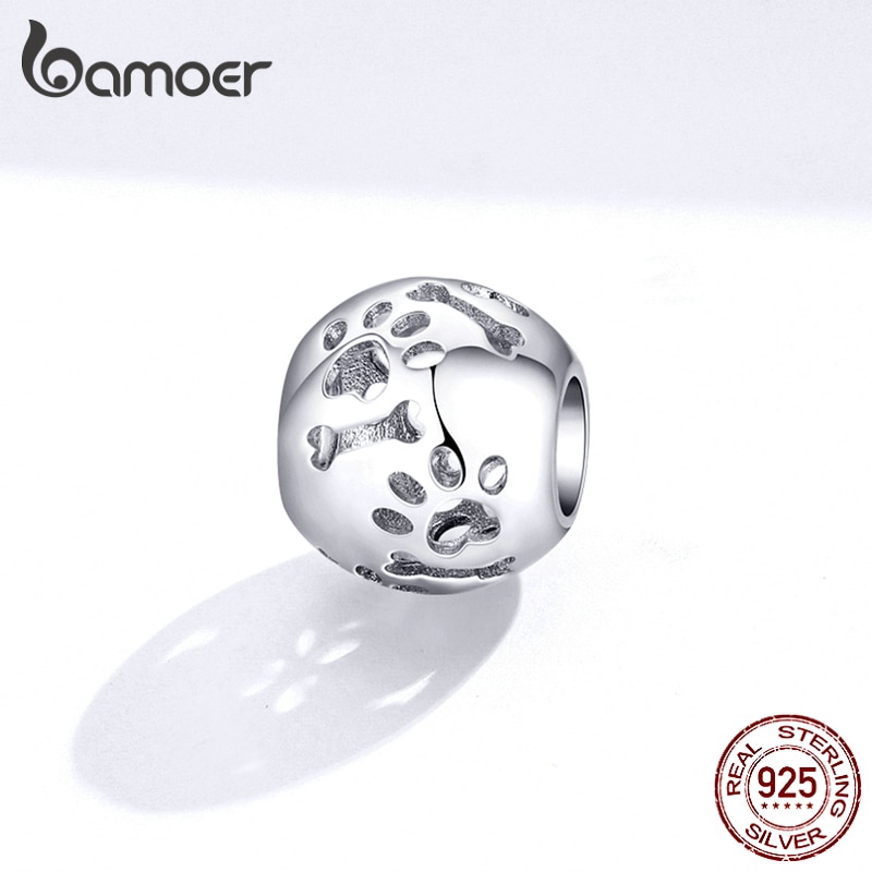 Hạt Phụ Kiện Tròn Bamoer BSC140 Khoét Rỗng Họa Tiết Dấu Chân Thú Cưng Tự Làm Vòng Tay Thời Trang