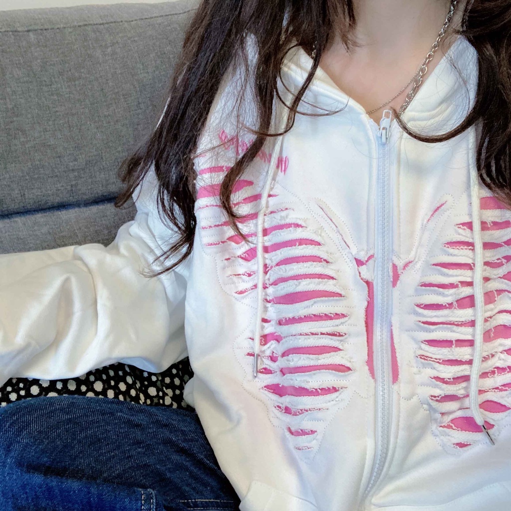 【ZHELIHANGFEI】Áo Hoodie Tay Dài Form Rộng Thiết Kế Xẻ Rách Phong Cách Preppy Mỹ