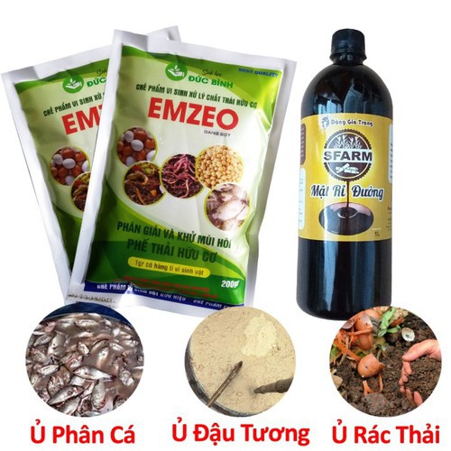 Combo 2 gói Men Vi Sinh Emzeo Khử Mùi Hôi Phân Cá, Ủ Đậu Tương Và Rác Thải Gói 200 Gram, 1 chai mật rỉ mật đường 1 lít