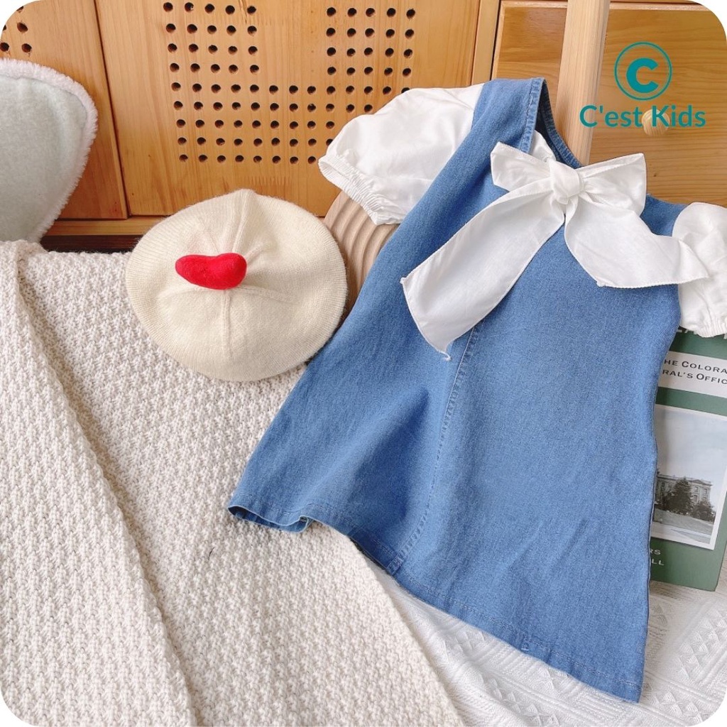 Váy bé gái, váy bò bé gái, váy jean phối tay phồng lên dáng xinh như công chúa Size nhí size trung size đại