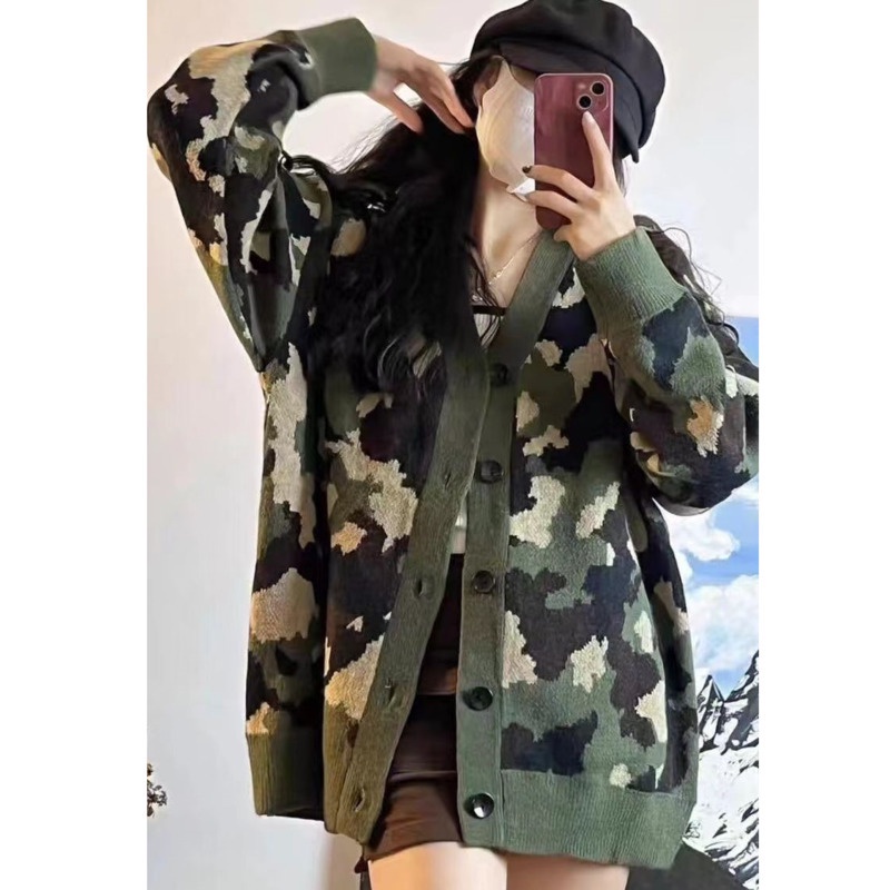 Áo Khoác Len Jacquard Tay Dài Màu Sắc Tương Phản Phong Cách Hàn Quốc