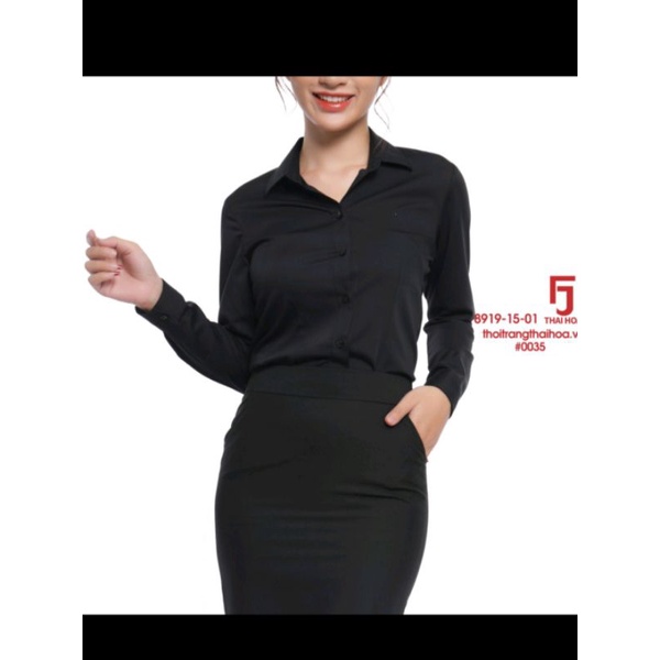 áo sơ mi nữ Thái Hòa màu đen trơn mã vải sợi tre co giãn