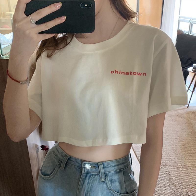Áo croptop tay ngắn cổ tròn họa tiết chữ thời trang dành cho nữ