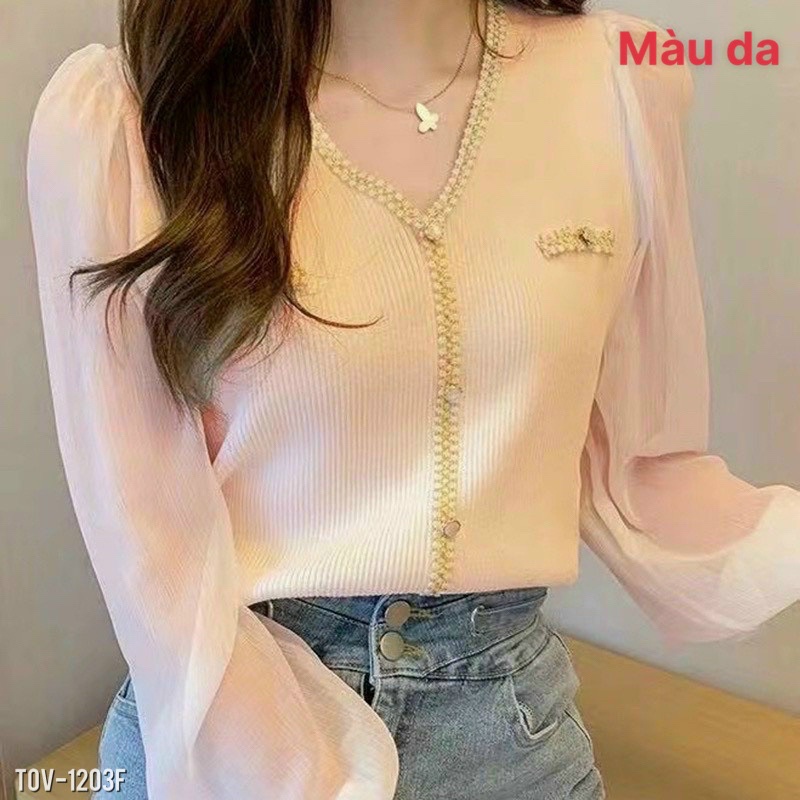 Áo len phối viền cổ tim tay voan hàng quảng châu_thaovanshop