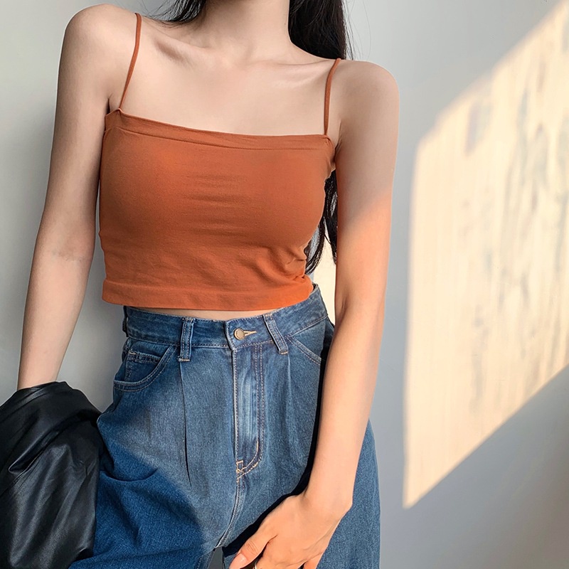 Áo Crop Top Hai Dây Có Mút Đệm Màu Sắc Trơn Phong Cách Hàn Quốc Thời Trang Cho Nữ