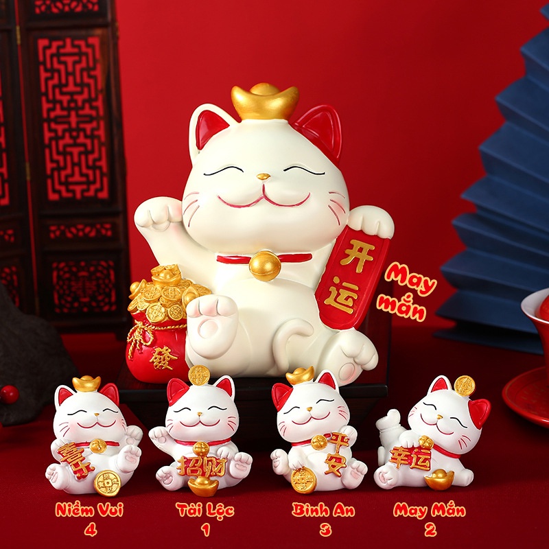 Mèo trắng thần tài ống tiết kiệm và mô hình mèo trắng tiền vàng trang trí bàn học, bàn làm việc, tủ sách, taplo ô tô