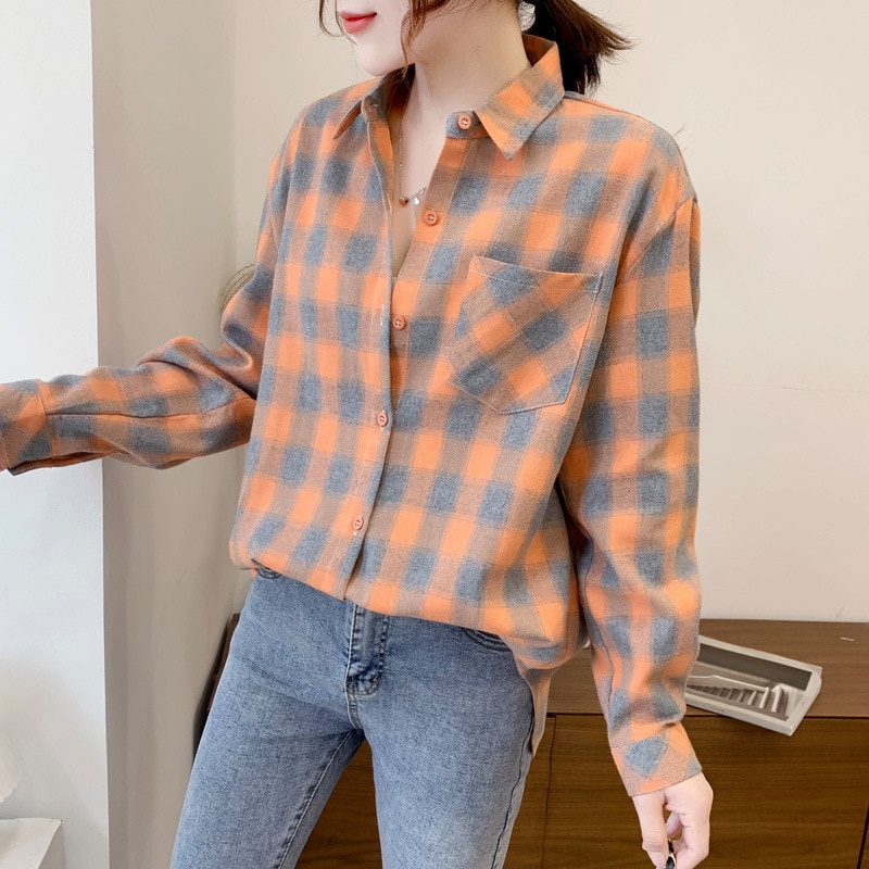 Áo sơ mi SixSisters vải cotton tay dài phối sọc caro cho nữ