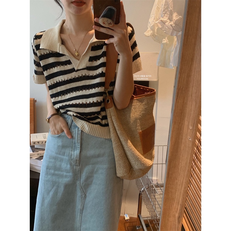 Áo thun Xiaozhainv tay ngắn cổ chữ V họa tiết kẻ sọc 5 màu phong cách thời trang cho nữ