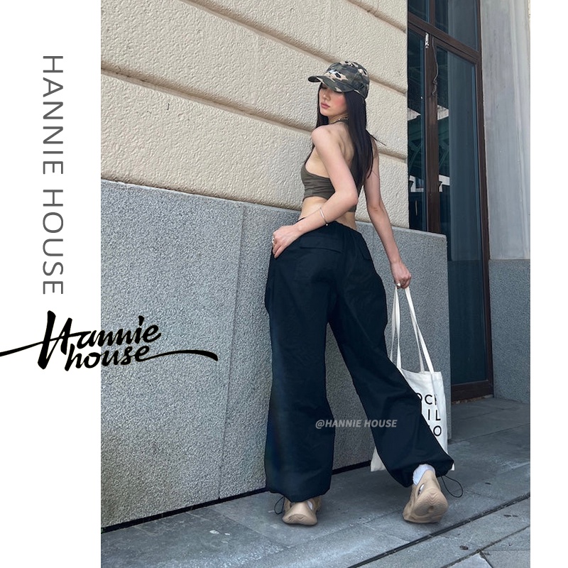 Hannie-quần Túi Hộp Ống Rộng Cạp Thấp Phối Dây Rút Cổ Điển Đường Phố Cho Nữ