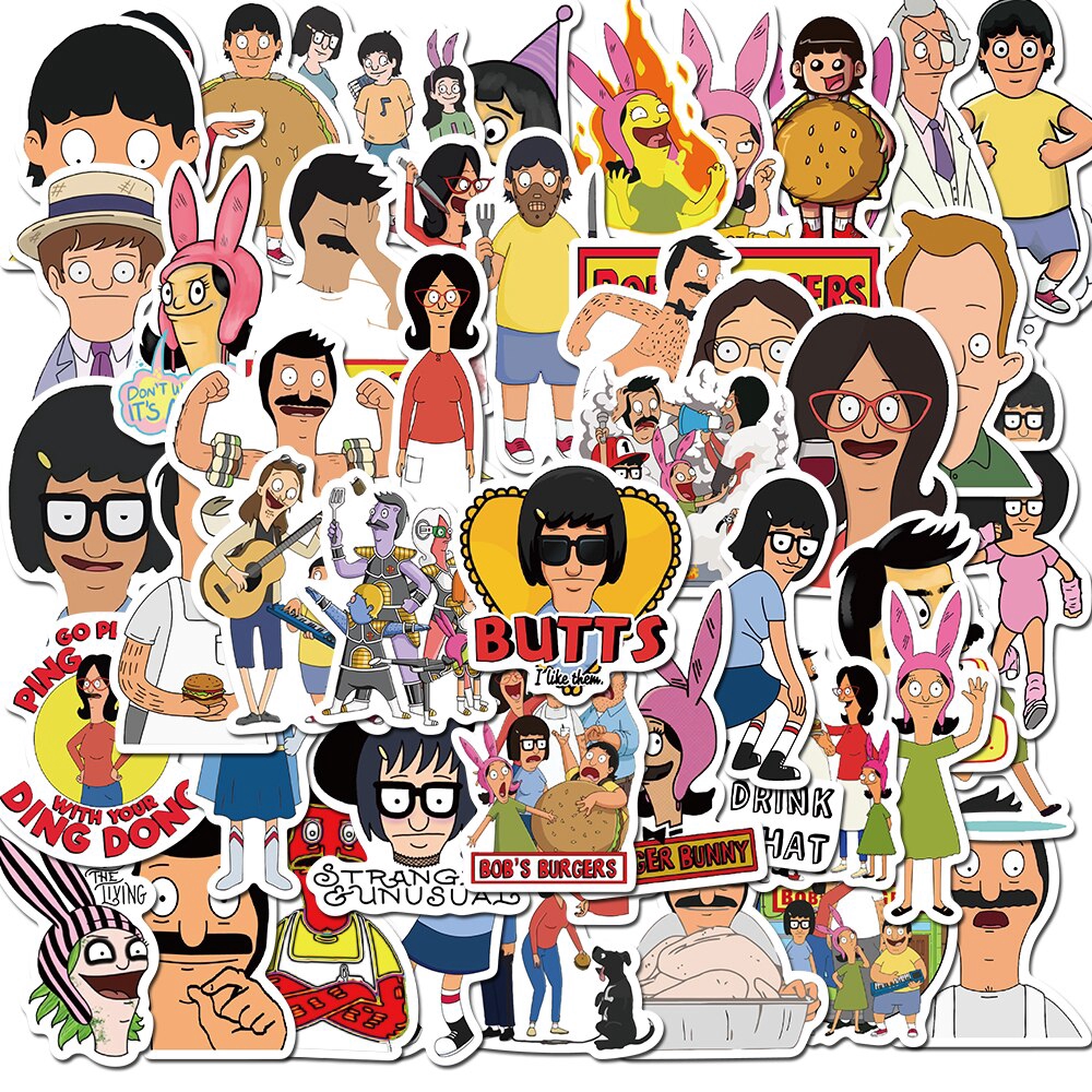 Set 50 miếng sticker chương trình hoạt hình Bob's Burgers dán trang trí vali/laptop/ván trượt/đàn guitar