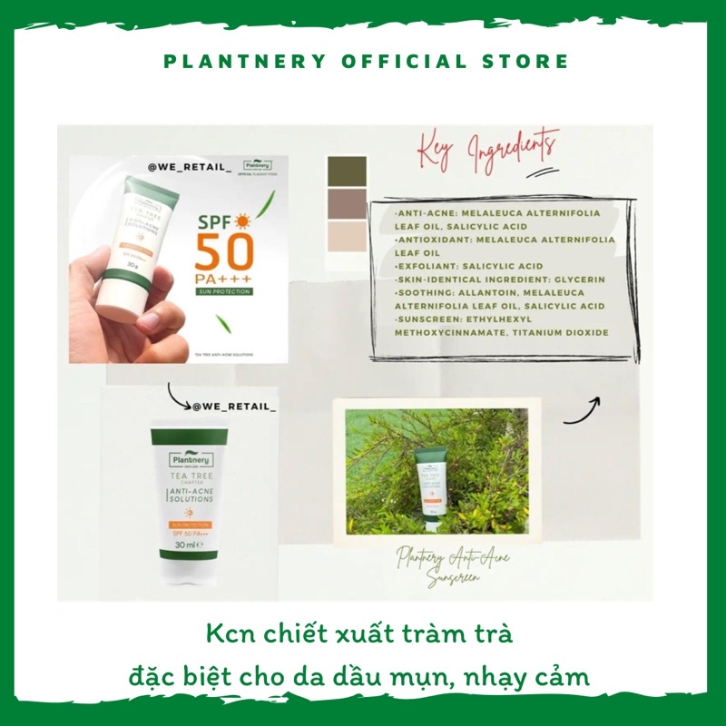 Kem chống nắng tràm trà Plantnery Tea Tree Sunscreen SPF 50 PA +++ 30 gram Thái Lan dành cho da dầu mụn