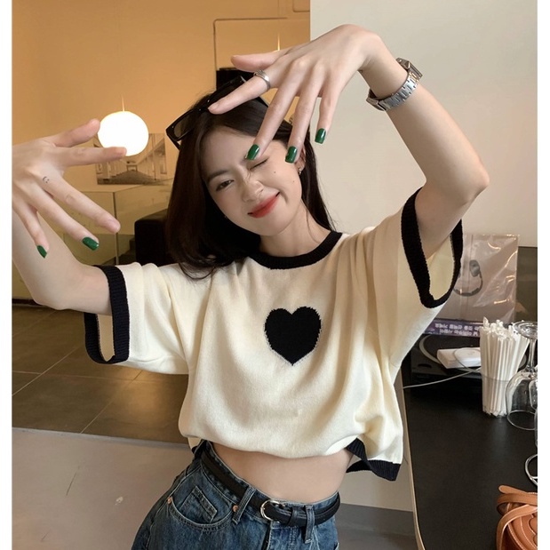 Áo Thun Dệt Kim Ngắn Tay Họa Tiết Trái Tim Thời Trang Cho Nữ