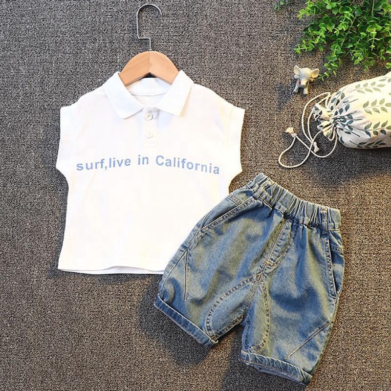Children Boy Sleeveless Letters Pattern Vest+Denim Shorts
