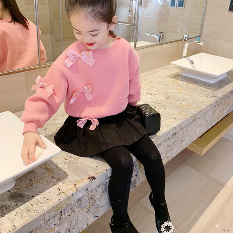 Áo sơ mi tay dài đính nơ màu trơn thời trang mùa thu cho bé gái Se7en