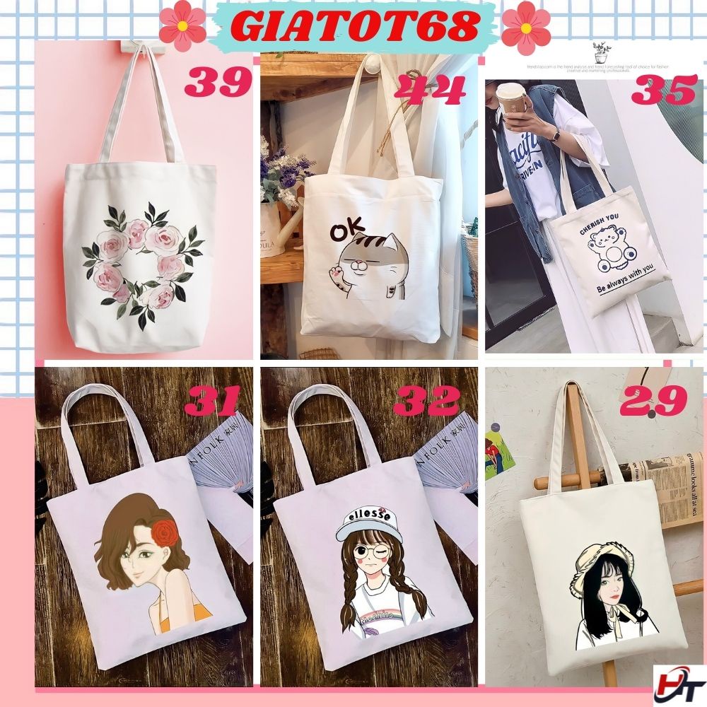 Túi tote vải đeo chéo canvas in hoạ tiết cô gái đáng yêu Giatot68 554