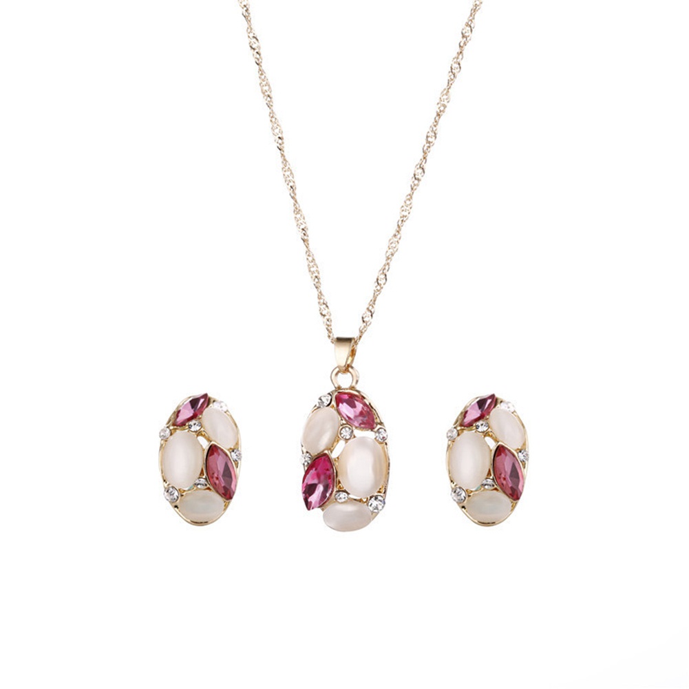 Bộ Vòng cổ + Đôi Khuyên Tai Mặt Đá Opal Hình Oval Thời Trang Cho Nữ