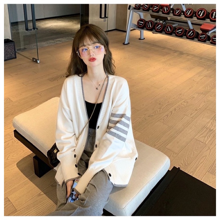 Áo khoác cardigan len dệt kim mềm mịn viền sọc cài khuy style Hàn