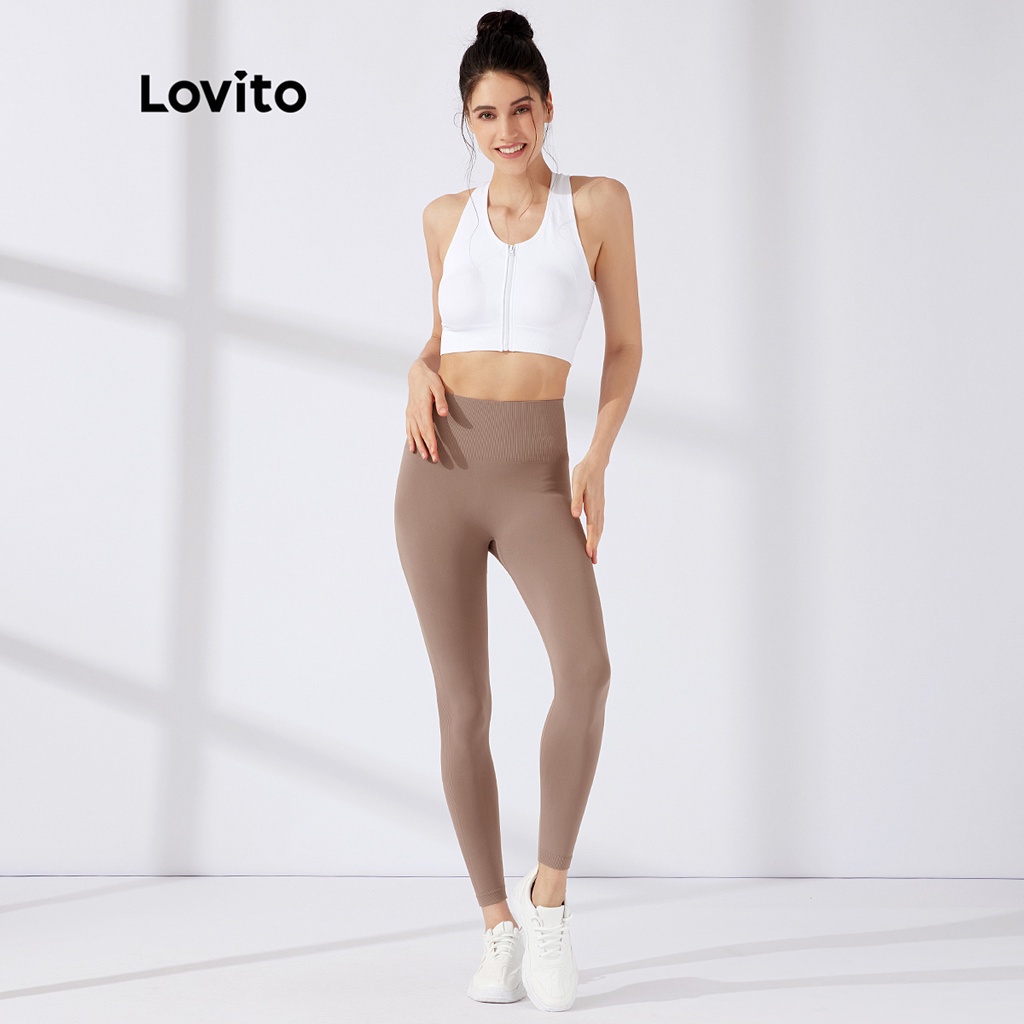 Quần legging thể thao Lovito cạp cao màu trơn bản rộng L23AD028 (màu đen/màu cà phê/màu trắng)