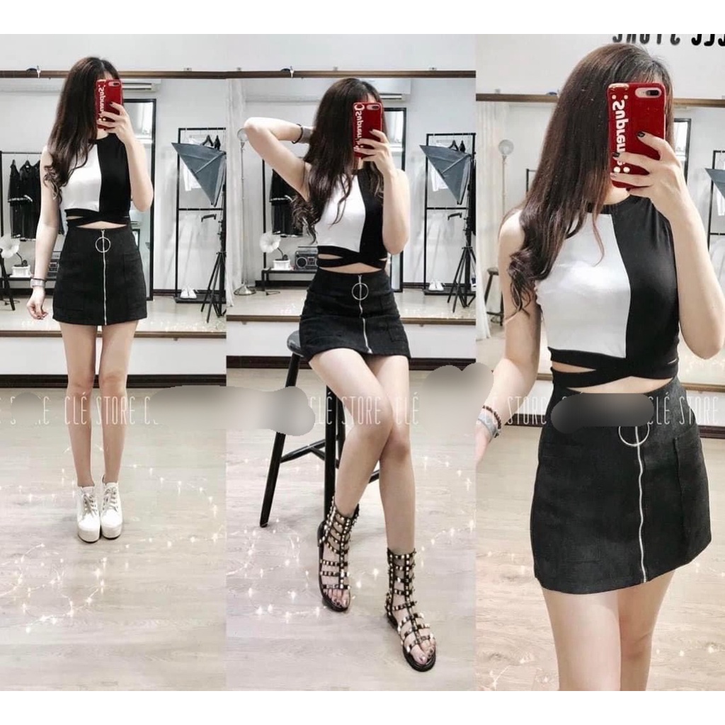 Áo thun borip SÁT TAY phối dây chéo eo croptop mix trắng đen phong cách bụi bặm cá tính