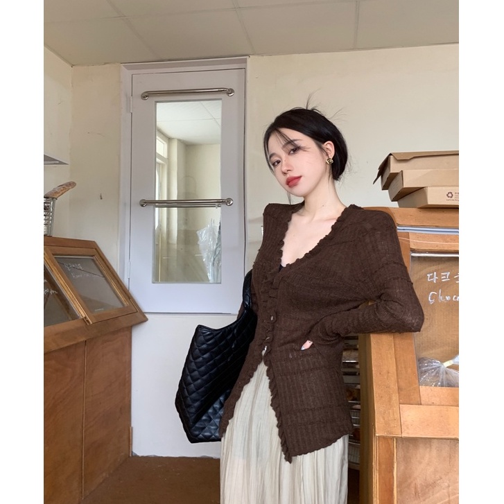 Áo Khoác cardigan Dệt Kim Tay Dài Cổ Chữ V Phong Cách Vintage Dành Cho Nữ