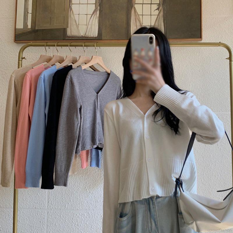 Áo Cardigan Dệt Kim Mỏng Dáng Ngắn Màu Trơn Phong Cách Hàn Quốc Thời Trang Mùa Thu