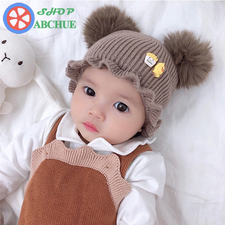 Mũ len cho bé phối bóng lông kèm lót mũ mềm mịn phong cách Hàn Quốc