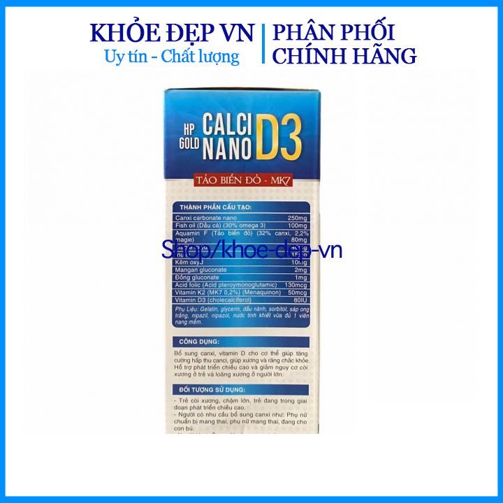 Calci Nano D3 Tảo Biển Đỏ K2 Bổ sung canxi, chống còi xương ở trẻ em, loãng xương thoái hóa ở người lớn hộp 30 viên