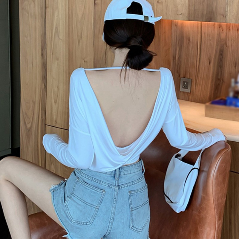 Áo Thun Hở Lưng Tay Dài Cổ Tròn Màu Trơn Cho Nữ