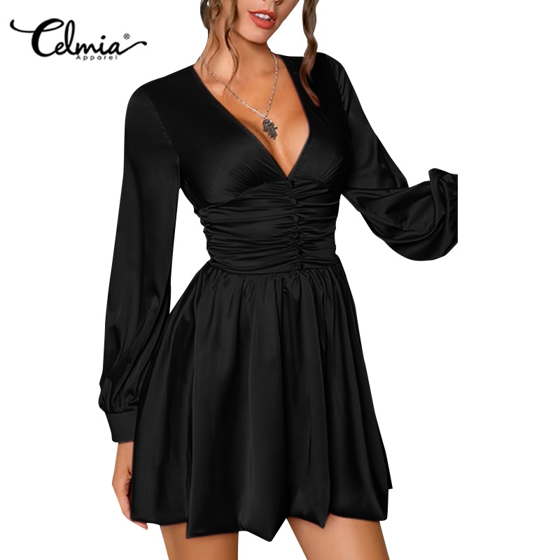 Đầm dự tiệc chữ A Celmia ngắn cổ chữ V tay phồng xếp ly thời trang Âu Mỹ