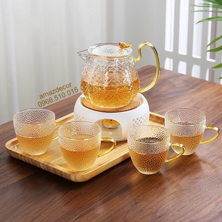 Decor đẹp hot 2021 Bộ Ấm trà thủy tinh 6 chén chịu nhiệt, đế nến đun trà, Bình trà thủy tinh tiệc trà đun nóng sần đẹp