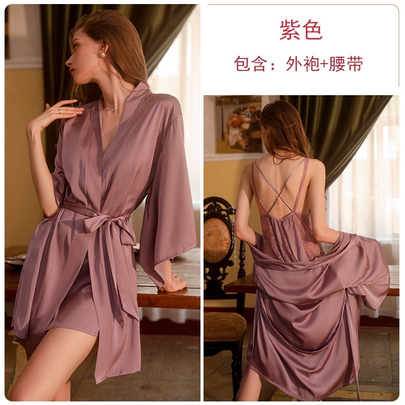 Bộ Đồ Ngủ Một Mảnh Bằng Lụa Băng Màu Trơn Phối Ren Gợi Cảm Thương Hiệu Guiruo