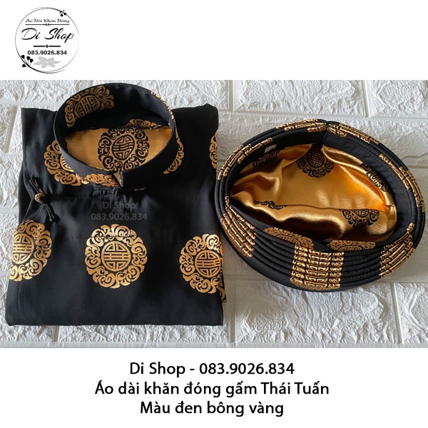 Áo dài khăn đóng nam vải gấm Thái Tuấn cao cấp - MÀU ĐEN BÔNG VÀNG