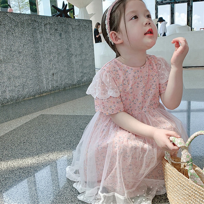 Đầm Cotton Phối Lưới In Hoa Xinh Xắn Cho Bé Gái Màu Vàng/Hồng