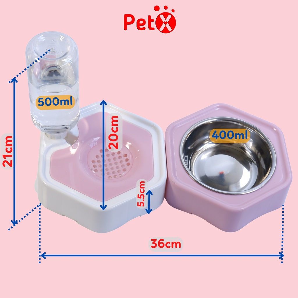 Bát cho chó mèo ăn, khay uống nước tự động lắp ghép hình lục giác cho thú cưng bình nước 500ml