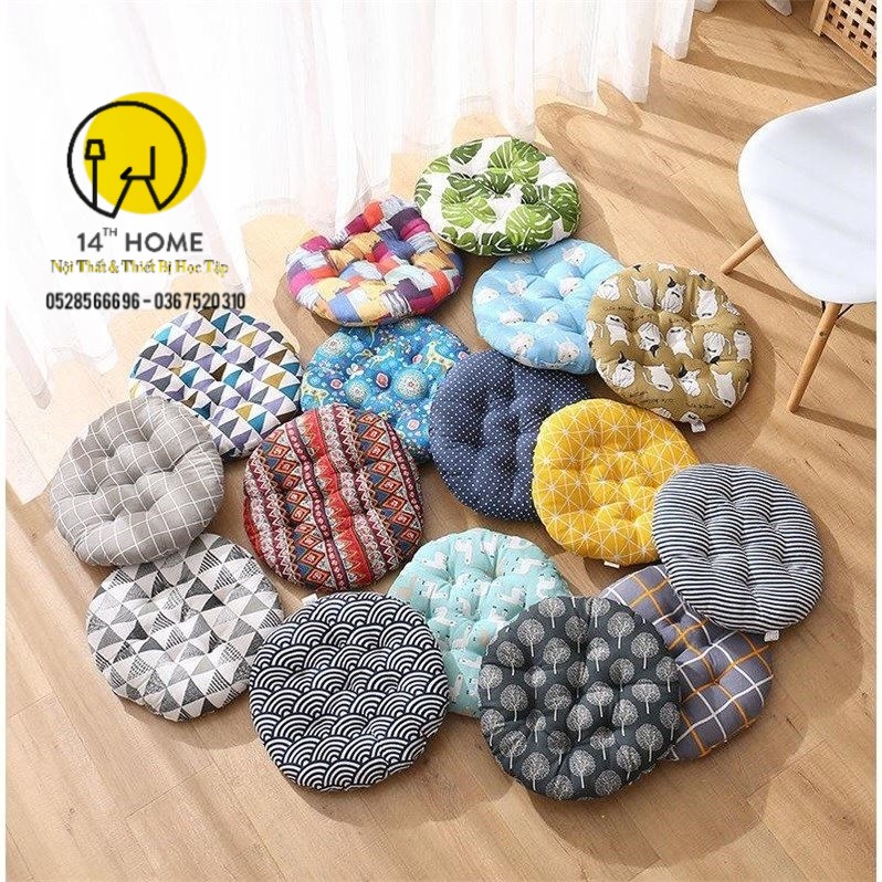 ĐỆM NGỒI BỆT LÓT GHẾ Vải Cotton Bố Phong Cách Nhật Bản  thêu Vi Tính - Lót Bông Hạt cao cấp - Loại Tròn