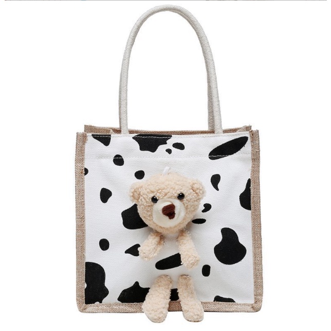 Túi xách Túi Tote basic thời trang Nữ vải canvas siêu xinh siêu đẹp Hình Chú Gấu Bò Sữa có khóa kéo