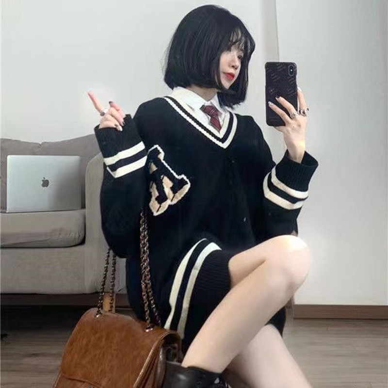 SUXI Áo Sweater Dệt Kim Tay Dài Dáng Rộng Cổ Chữ V Màu Sắc Tương Phản Phong Cách Hàn Quốc