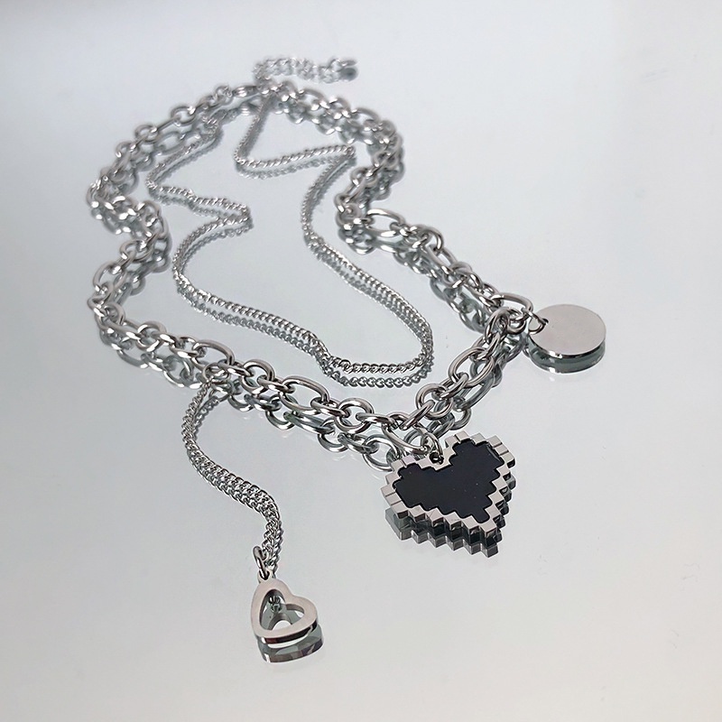 Dây chuyền nhiều lớp màu bạc mặt hình tròn và trái tim phong cách Hàn Quốc thời trang cho nữ