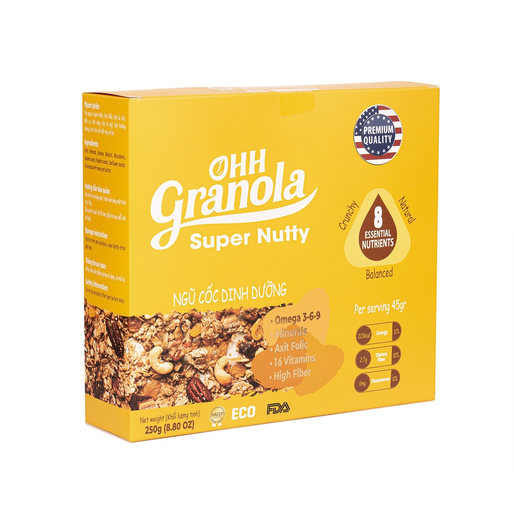 Ngũ Cốc Granola Lợi Sữa Super Nutty (Ohh Granola) 250g - Hạt óc chó, mắc ca, tiêu chuẩn chất lượng FDA Hoa Kỳ