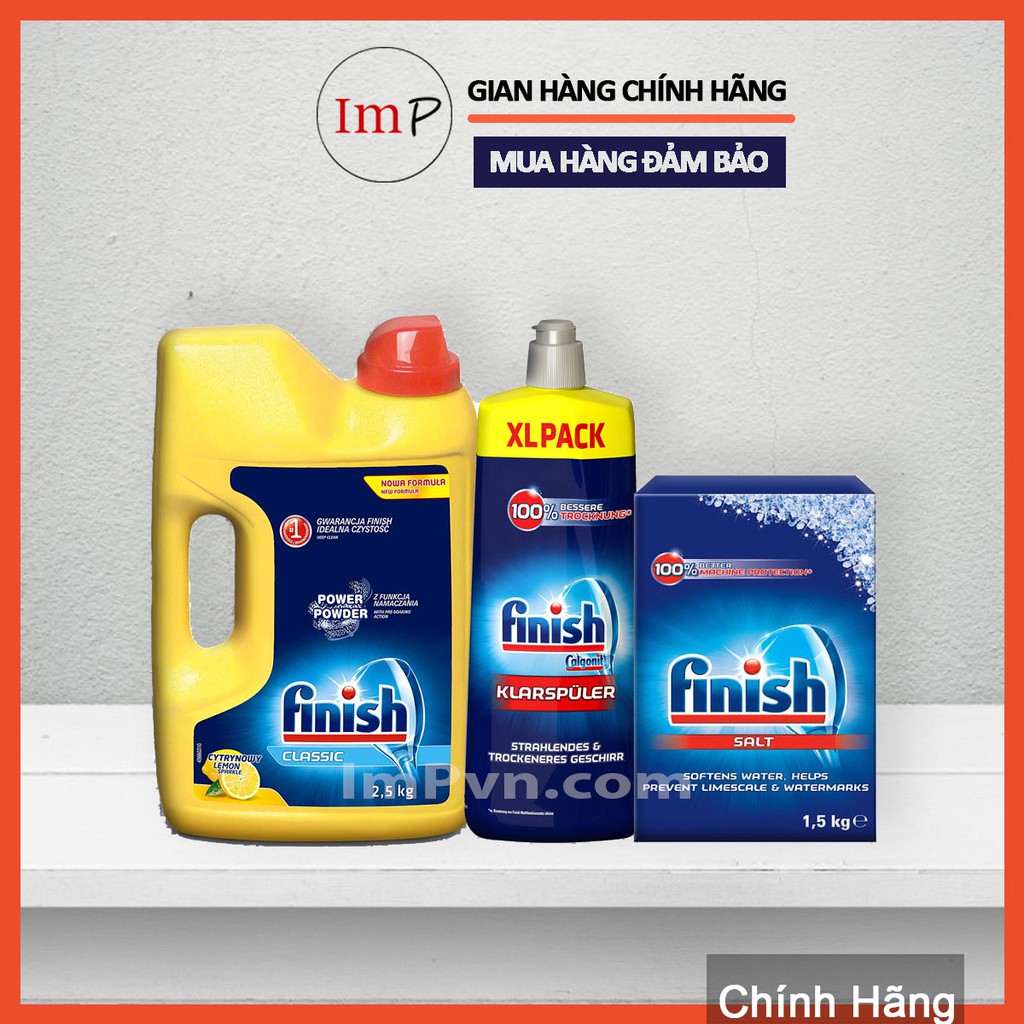 Combo Bột rửa bát Finish 2.5kg, Muối 1.5kg, Nước làm bóng 1150ml (hoặc 750ml)