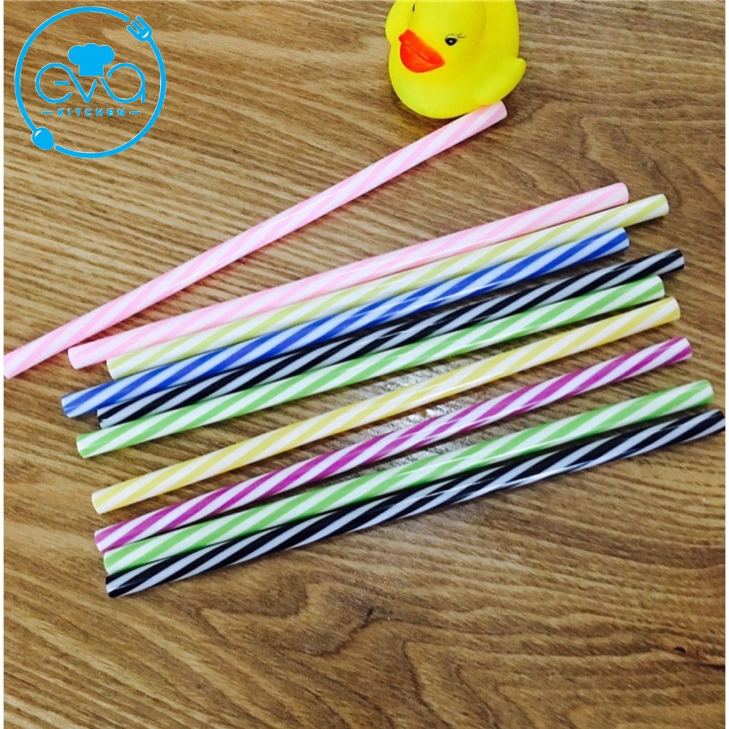 Set 12 Ống Hút Nhựa Cứng Kẻ Sọc Nhiều Màu Có Thể Tái Sử Dụng M3501